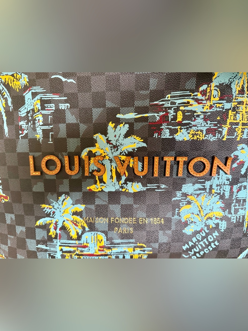 LV Black, Blue & Yellow Printed Canvas GM Shopper Tote with Tan Handles - Picture 8 of 10